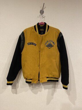 Black Pyramid Varsity Jacket Mens Small Yellow Shark Embroidered Full Zip Bomber
